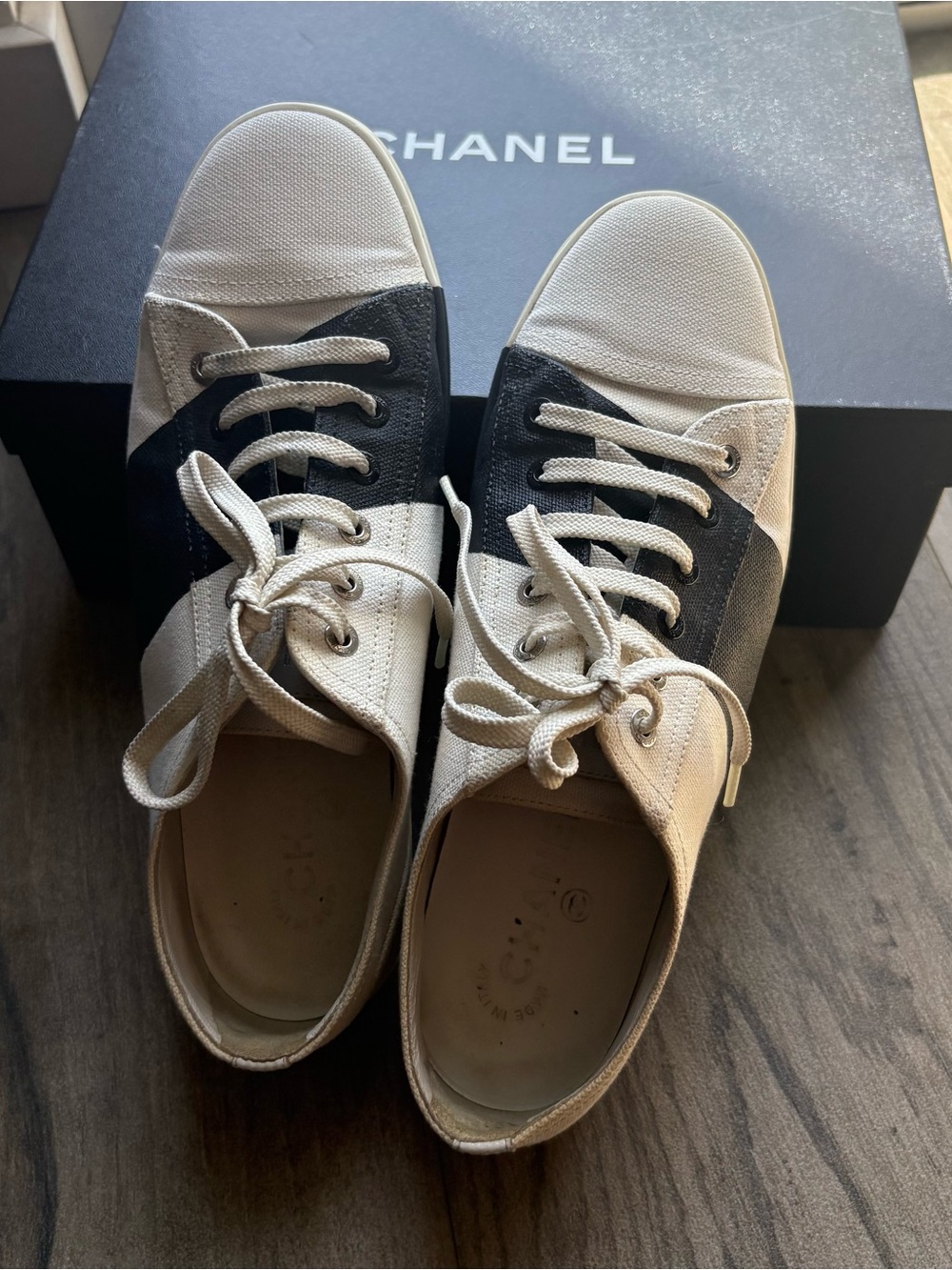 Chanel Woman Two-Tone Canvas Sneakers in White and Black FR 39, US 8.5